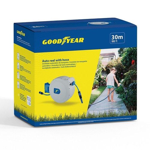 Enrouleur tuyau arrosage extensible 30m Devidoir Automatique 24 bar Orientable 180° Pistolet + Raccords GOODYEAR
