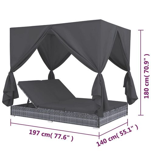 Chaise Longue D'extérieur Avec Rideaux Résine Tressée Gris