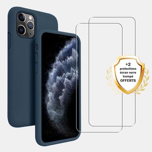 Coque Iphone 11 Pro Max Silicone Liquide Bleu Marine + 2 Vitres En Verre Trempé Protection Écran Antichocs Evetane