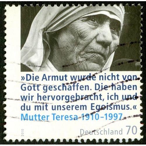 Timbre Oblitéré Deutschland, Mutter Teresa 1910-1997. 70. ''die Armut Wurde Nicht Von Gott Geschaffen.Die Haben Wir Hervorgebracht , Ich Und Du Mit Unserem Egoismus''