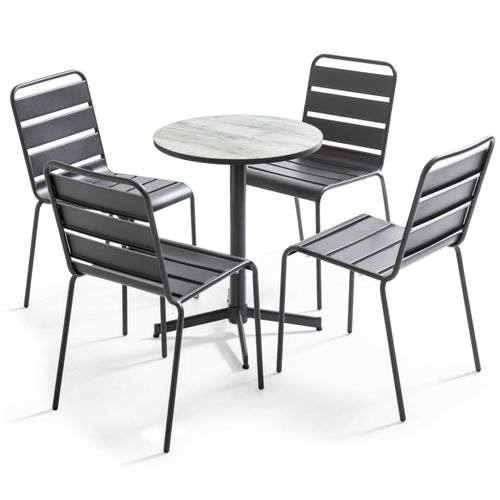 Ensemble De Jardin Table Ronde + 4 Chaises Gris