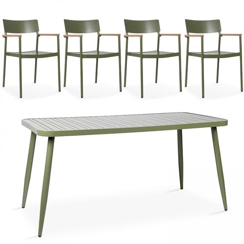 Ensemble Table Rectangulaire + 4 Fauteuils En Aluminium Vert Kaki
