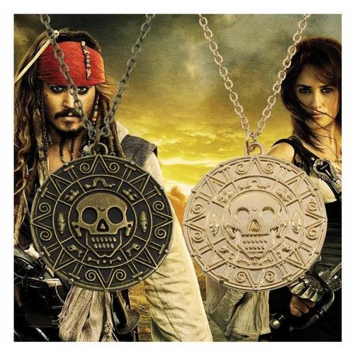 Pirates Of The Caribbean Aztec Gold Coin Necklace Men's Movie Surroundings Accessories Skull Pendant 3pc (Gold + Bronze + Antique Silver)