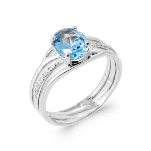 Bague Empierrée Cristal Bleu Topaze Zirconium En Argent Massif 925/000 Rhodié 54