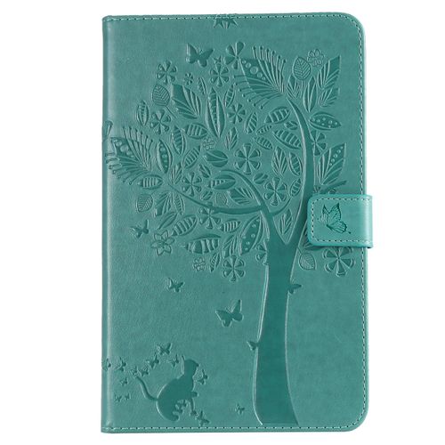 Étui Pour Samsung Galaxy Tab A 8.0 2018 Sm-T387 Pu Cuir Poche Cas Flip Coque Protection Housse Stand Case Chat Et Arbre,Vert