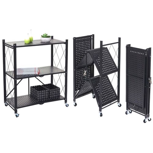 Étagère Hwc-J85, Étagère Sur Pied Étagère De Salon, Pliable/Repliable Acier   Noir, 3 Niveaux