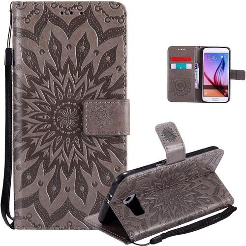 Coque Pour Samsung Galaxy S7 Edge (Non Pour S7) Coque, Housse Coque Cuir Étui Portefeuille Flip Case Porte Carte Antichoc Magnétique Fleur Motif Interne Silicone Etui Pour Galaxy S7 Edge,Gris