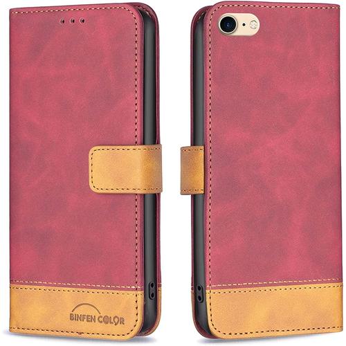 Coque Pour Iphone Se 2022 / Iphone Se 2020 / Iphone 8 / Iphone 7 Coque Étui Housse Portefeuille Flip Case Cuir Coque Rabat Clapet Avec Porte Carte Mince Magnétique Support Antichoc Etui Coque Rouge