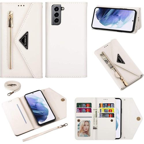 Coque Pour Samsung Galaxy S21 Fe [Pas Pour S21] Coque, Housse Case Portefeuille Coque Cuir Etui Wallet Cover Avec Porte Carte Cordon Dragonne Silicone Flip Support Étui Pour Galaxy S21 Fe,Blanc