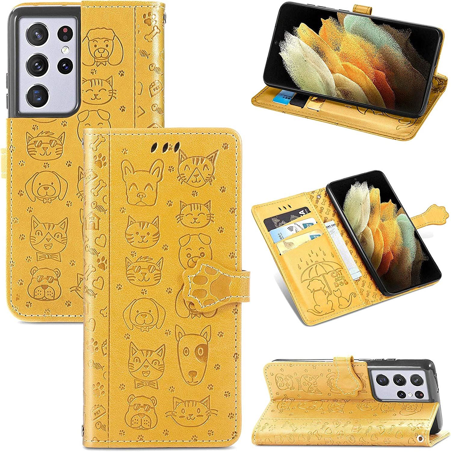 Coque Pour Samsung Galaxy S21 Ultra Coque, Housse Etui Coque Portefeuille Mignon Flip Case En Cuir Cover Avec Porte Carte Rabat Magnétique Dragonne Antichoc Étui Coque Pour Galaxy S21 Ultra,Jaune