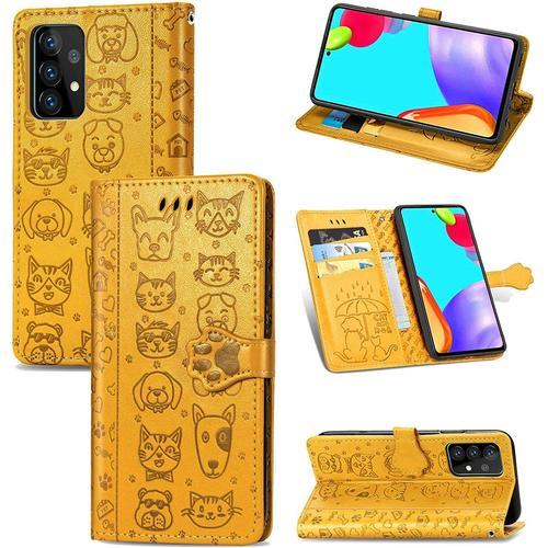 Coque Pour Samsung Galaxy A72 Coque, Housse Etui Coque Portefeuille Mignon Flip Case En Cuir Pu Leather Cover Avec Porte Carte Rabat Magnétique Dragonne Étui Coque Pour Samsung Galaxy A72,Jaune