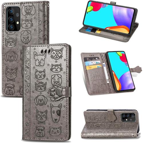 Coque Pour Samsung Galaxy A72 Coque, Housse Etui Coque Portefeuille Mignon Flip Case En Cuir Pu Leather Cover Avec Porte Carte Rabat Magnétique Dragonne Étui Coque Pour Samsung Galaxy A72,Gris