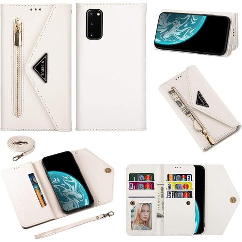 Coque Pour Xiaomi Mi 10t / Xiaomi Mi 10t Pro Coque Housse Case Portefeuille Cuir Etui Wallet Cover Coque Avec Porte Carte Cordon Dragonne Lanyard Silicone Bumper Flip Support Antichoc Étui,Blanc