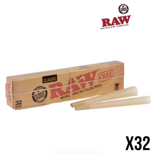 Raw - Lot de 32 CONES 110 mm pré roulées feuilles non blanchies forme conique - filtres carton intégrés - RAW