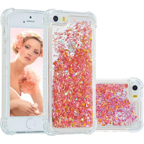 Coque Pour Iphone Se/Iphone 5s / Iphone 5 Coque Etui Case Housse Liquide Paillette Glitter Bling Silicone Transparente Tpu Gel Doux Cristal Clair Bumper Antichoc Cover Pour Iphone Se/5s/5,Or Rose