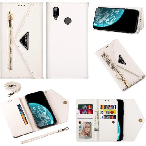 Coque Pour Huawei P20 Lite [Pas Pour P20] Coque, Housse Case Portefeuille Coque Cuir Etui Wallet Cover Avec Porte Carte Cordon Dragonne Lanyard Flip Support Antichoc Étui Pour Huawei P20 Lite,Blanc