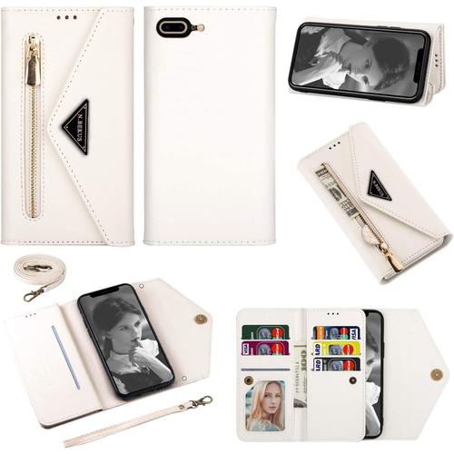 Coque Pour Iphone 8 Plus/Iphone 7 Plus [Pas Pour 8/7] Coque, Housse Case Portefeuille Coque Cuir Cover Avec Porte Carte Cordon Dragonne Flip Antichoc Étui Pour Iphone 8 Plus/Iphone 7 Plus,Blanc