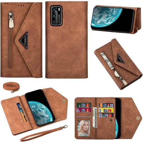 Coque Pour Huawei P40 Coque, Housse Case Portefeuille Coque Cuir Etui Wallet Cover Avec Porte Carte Cordon Dragonne Lanyard Silicone Bumper Flip Support Antichoc Étui Pour Huawei P40,Marron