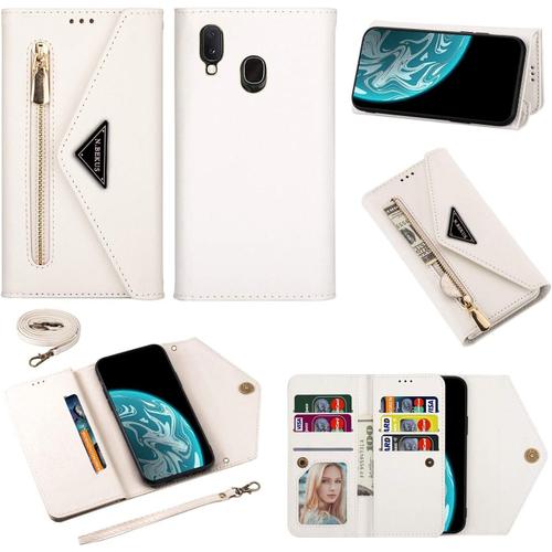 Coque Pour Samsung Galaxy A20e [Pas Pour A20] Coque, Housse Case Portefeuille Coque Cuir Cover Avec Porte Carte Cordon Dragonne Silicone Bumper Flip Support Antichoc Étui Pour Galaxy A20e,Blanc