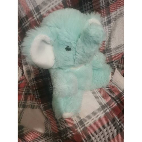 Doudou Peluche Éléphant Bleu Vert Turquoise Blanc Assis Poils Mi Longs Vintage