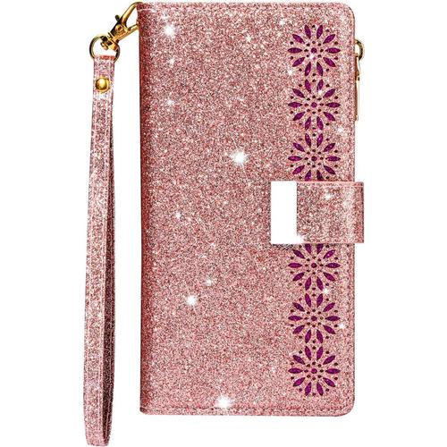 Coque Pour Samsung Galaxy S7 Edge [Pas Pour S7] Coque, Case Etui Paillette Glitter Bling Portefeuille Cuir Housse Flip Cover Avec Porte Carte Magnétique Rabat Wallet Étui Pour Galaxy S7 Edge,Or Rose