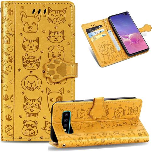 Coque Pour Samsung Galaxy S10 Coque, Housse Etui Coque Portefeuille Mignon Flip Case En Cuir Pu Leather Cover Avec Porte Carte Rabat Magnétique Dragonne Antichoc Coque Pour Samsung Galaxy S10,Jaune