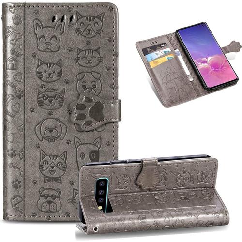 Coque Pour Samsung Galaxy S10 Plus [Pas Pour S10] Coque, Housse Etui Coque Portefeuille Mignon Flip Case Cuir Cover Avec Porte Carte Rabat Magnétique Dragonne Antichoc Pour Galaxy S10 Plus,Gris