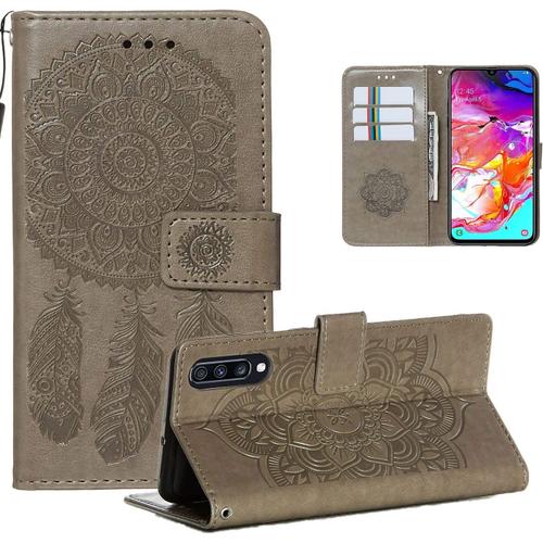 Coque Pour Samsung Galaxy A70 Coque Etui, Housse Coque Flip Case Portefeuille En Cuir Étui Antichoc Avec Porte Carte Magnétique Motif Fonction Support Cover Coque Pour Samsung Galaxy A70,Gris