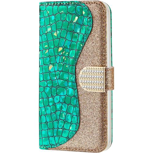 Coque Pour Iphone 6 Plus/Iphone 6s Plus [Pas Pour 6/6s] Coque Etui Case Paillette Housse Cover Étui Portefeuille Cuir Flip Case Avec Magnétique Porte Carte Support Elegante Coque,Vert