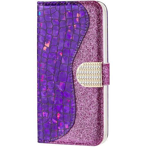 Coque Pour Iphone Se/Iphone 5s / Iphone 5 Coque Etui Case Paillette Housse Cover Étui Portefeuille Cuir Flip Case Avec Magnétique Porte Carte Support Elegante Coque,Violet