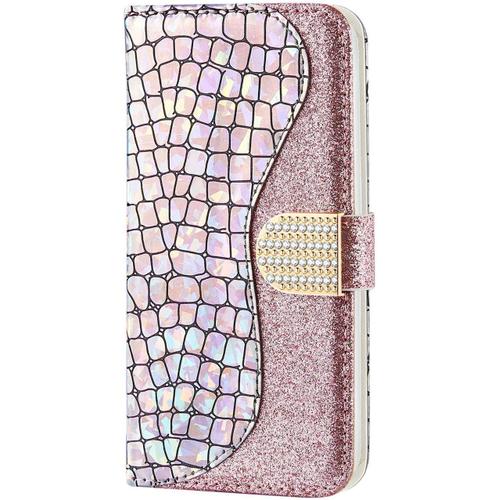 Coque Pour Iphone Se/Iphone 5s / Iphone 5 Coque Etui Case Paillette Housse Cover Étui Portefeuille Cuir Flip Case Avec Magnétique Porte Carte Support Elegante Coque,Argent Rose