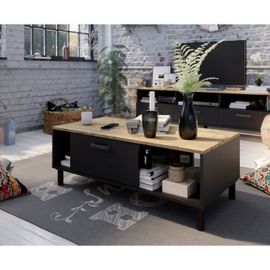 Ensemble Meuble Tv+Table Basse Oxford - Style Industriel - Mélaminé Chene Noir - Table Basse: L110xp55xh40 - Meuble Tv: