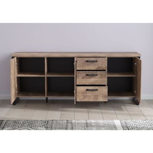 Buffet Emile - Mélamine Chene Brun Tabac Et Noir Mat - 3 Portes + 3 Tiroirs - L214 X P45 X H86 Cm - Trendteam