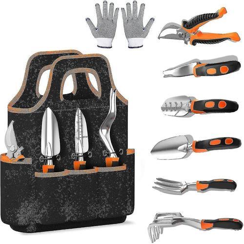 Ensemble d¿outils de jardin, 8 Pcs Ensemble d¿outils de jardinage robuste en acier inoxydable avec poignée en caoutchouc antidérapante, sac fourre-tout de rangement, outils à main extérieurs, sécateur