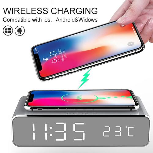 Réveil électrique LED, thermomètre numérique, horloge miroir HD, avec téléphone, chargeur sans fil, Date, livraison directe