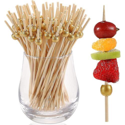 12 Cm Toothpicks For Appetizers, Bamboo Cocktail Stick Skewers For Drinks, Desserts, Barbecues, Fancy Toothpicks For Wedding Parties, Gold Pearl Mini