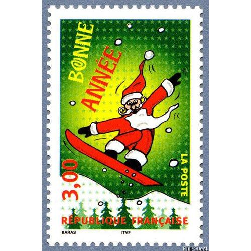 France 1998, Très Beau Timbre Neuf** Luxe Yvert 3204 Bonne Année - Meilleurs V?Ux, Père Noël Surfant Sur Fond Vert.