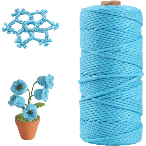 Corde Macramé,Corde Coton Naturelle 3mmx100m,Corde de Coton pour Tentures Murales,Rideau,Plante Artisanat,Cadeau Décoration(Bleu)