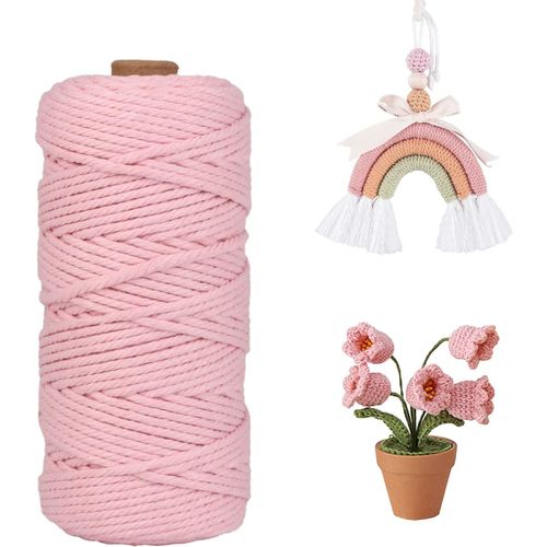 Corde Macramé 3mm x 100m,Coton Fil Macramé Ficelle Cordelette, Naturel Coton Cordon pour Tricotage Hanging Plant DIY Décoration Cadeau(Rose)