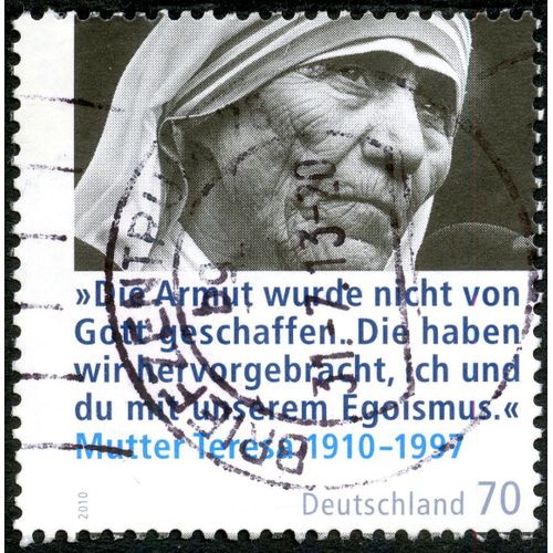 Timbre Oblitéré Deutschland, Mutter Teresa 1910-1997. 70. ''die Armut Wurde Nicht Von Gott Geschaffen.Die Haben Wir Hervorgebracht , Ich Und Du Mit Unserem Egoismus''
