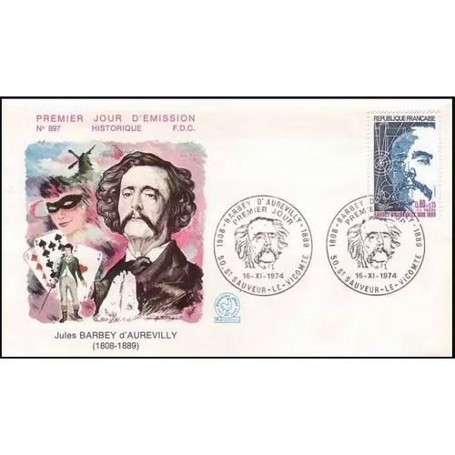Vendre France 1974, Très Belle Enveloppe 1er Jour Neuve Fdc 897, Timbre Yvert 1823, Jules Barbey D'aurevilly, Cachet De Saint Sauveur Le Vicomte - Manche.