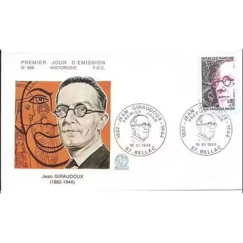 France 1974, Très Belle Enveloppe 1er Jour Neuve Fdc 898, Timbre Yvert 1822, Jean Giraudoux, Cachet De Bellac - Haute Vienne