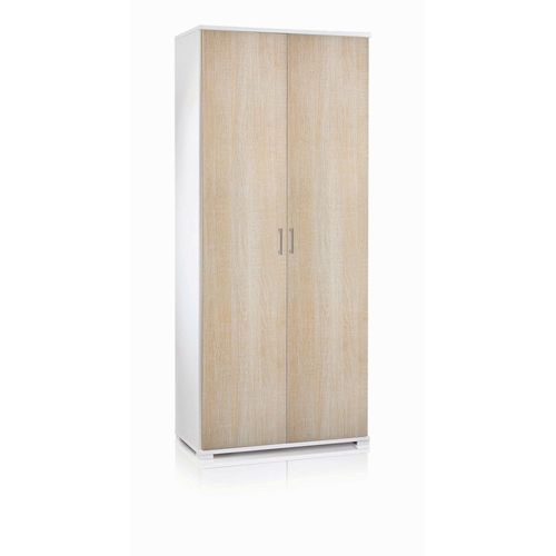 Armoire Polyvalente À 2 Portes Effet Bois Beige, Blanc 90x45h195 Cm