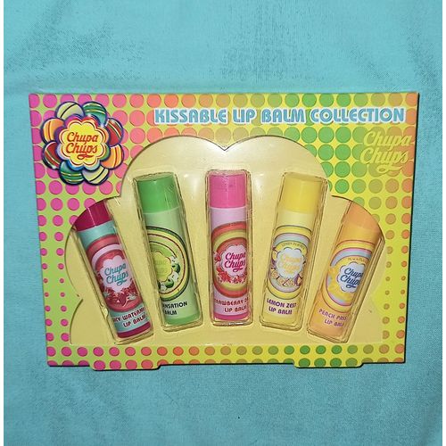 Coffret Chupa Chups Lot De 5 Baume Stick Rouge À Lèves Hydratant Collection Gourmande Saveur Fraise Pomme Citron Pêche Pastèque Pêche