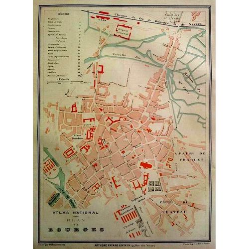 Ancien Plan Gravé En Couleur Ville De Bourges - Cher 1877
