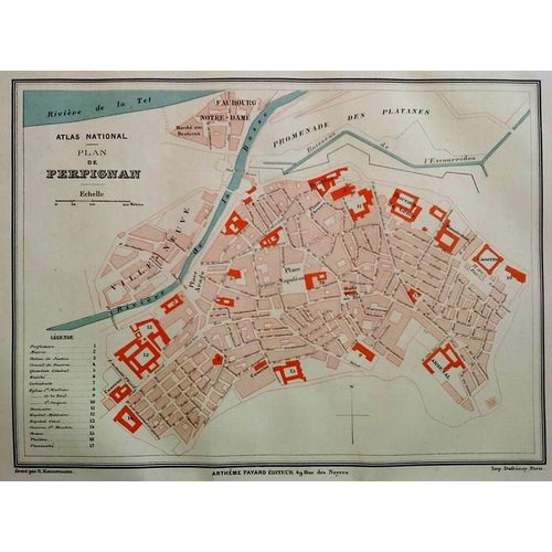 Ancien Plan Gravé En Couleur Ville De Perpignan - Pyrénées-Orientales - 1877