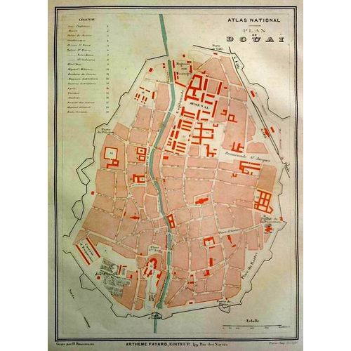 Ancien Plan Gravé En Couleur Ville De Douai - Nord - 1877