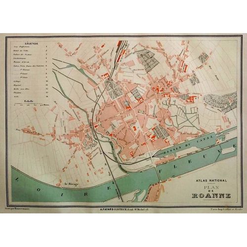 Ancien Plan Gravé En Couleur Ville De Roanne - Loire - 1877