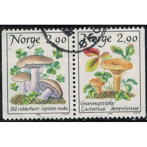 Norvège 1988 Oblitéré Used Se-Tenant Champignons Lepista Nuda Et Lactarius Deterrimus Su