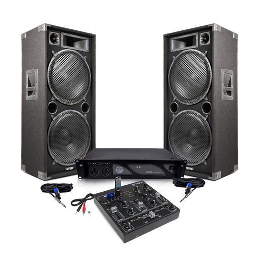 Pack Sono Enceintes 4000W + Mini table de mixage 4 canaux USB MP3 Effets Sound + Ampli AX 3000W